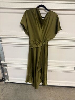 BHLDN Olive Satin Midi Dress with Tie Waist
